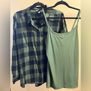 Dark Olive Plaid Flannel Shirt and Tank Top